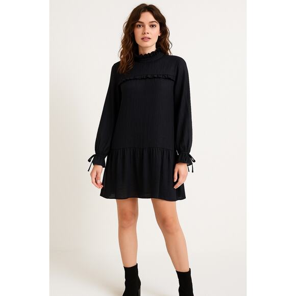 Lola May Black Dress 12 Long Sleeve High Collar Tunic Style Semi Sheer Unlined - Picture 1 of 8